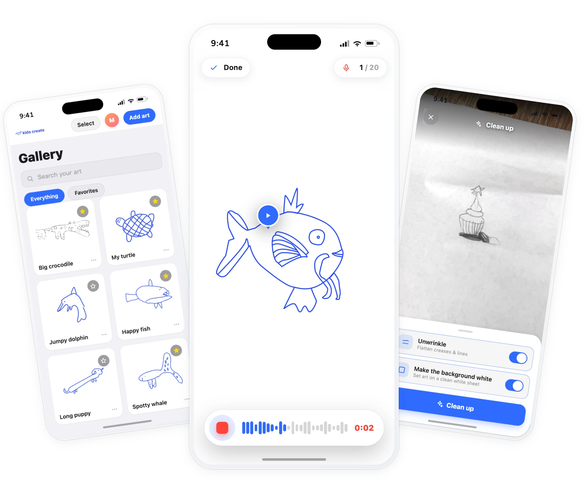 Kids Create app screens showing a gallery, voice recording, and cleanup tools